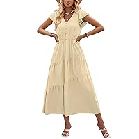 Rvusu Women's Casual Ruffle Sleeve Long Dresses V Neck Elastic Waist Midi Dress Summer Flowy Tiered Beach Sundress