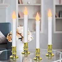 Christmas Window Candles with Gold Base, Battery Operated Window Candles 9‘’ Flickering LED Lights Auto Timer Candle Lights, White Flameless Taper Cadles for Window Dining Table Party Decor, Set of 4