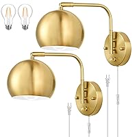 Wall Sconces Plug in, Dimmable Wall Sconce Swing Arm Wall Lights with Plug in Cord and Dimmer On/Off Knob Switch, Brushed Brass Globe Wall Light for Bedside Bedroom Hallway(2 Bulbs Included)