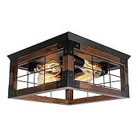 JHLBYL Farmhouse Wood Flush Mount Ceiling Light, Black Metal Rustic Close to Ceiling Light Fixtures with 4 E26 Blub Socket, Outdoor Porch Lights Ceiling Mount for Kitchen Entryway Hallway Dining Room