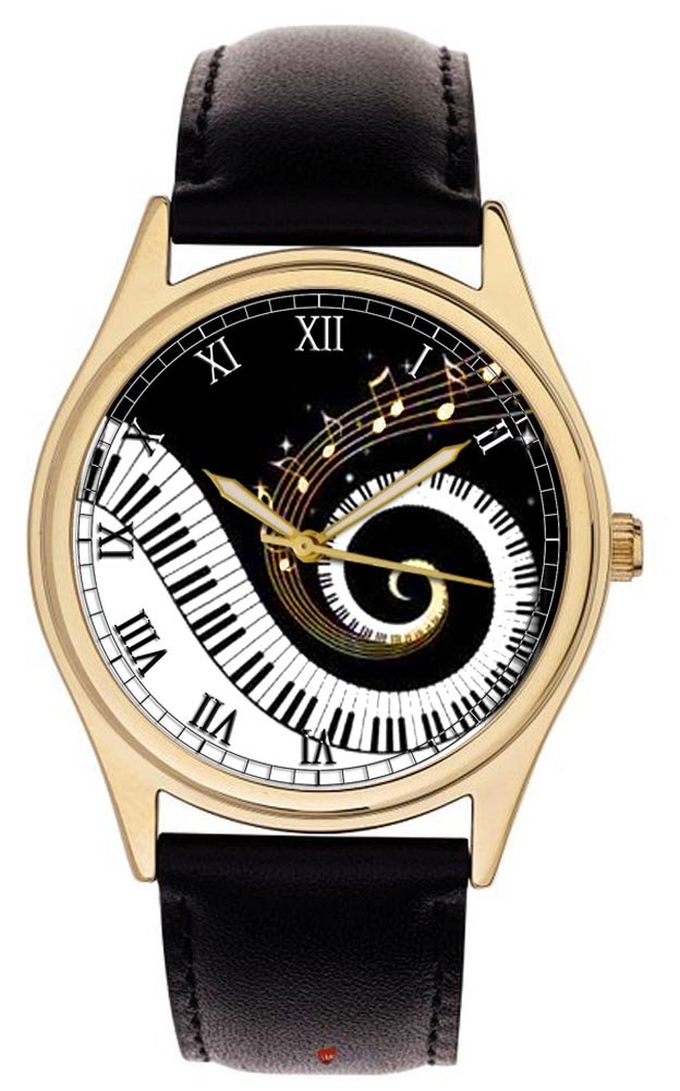 discountzworld Classic Piano Keyboard Art Music ENTHUSIAST'S Collectible Black & Gold Solid Brass Wrist Watch