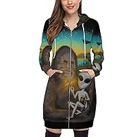 Aliens and Bigfoot Graphic Hooded Sweatshirt for Women Zip-up Hoodie Dress Long Pullover Jacket with Pockets