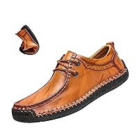 Men's Leather Lace-up Casual Shoes,Vintage Comfort Hand-Stitching Non-Slip Softsole Travel Work Dress Driving Loafers