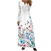 Wedding Guest Dresses for Women V Neck Button Down Lace Long Sleeve Cocktail Party Dress Summer Casual Maxi Dress