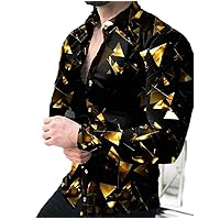 Men's Long Sleeved Print Shirts - Spring Turn-Down Collar Buttoned Shirt Casual Golden Triangle Print Button Down T