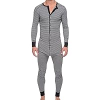 Men's Long Sleeve Pajamas Striped Ultra Soft Thermal Union Suit One Piece Slim Fit Button Down Jumpsuit Sleepwear