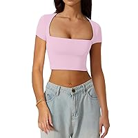 Women Square Neck Short Sleeve Crop Tops Sexy Slim Fit Y2K Going Out Tops Solid Basic Tight Shirts Cropped T Shirt