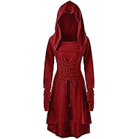 Womens Renaissance Costumes Hooded Robe Lace Up Vintage Pullover High Low Long Hoodie Dress