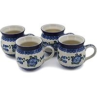 Polish Pottery Set of Four 12 oz Bubble Mugs made by Ceramika Artystyczna (Blue Poppies Theme) + Certificate of Authenticity