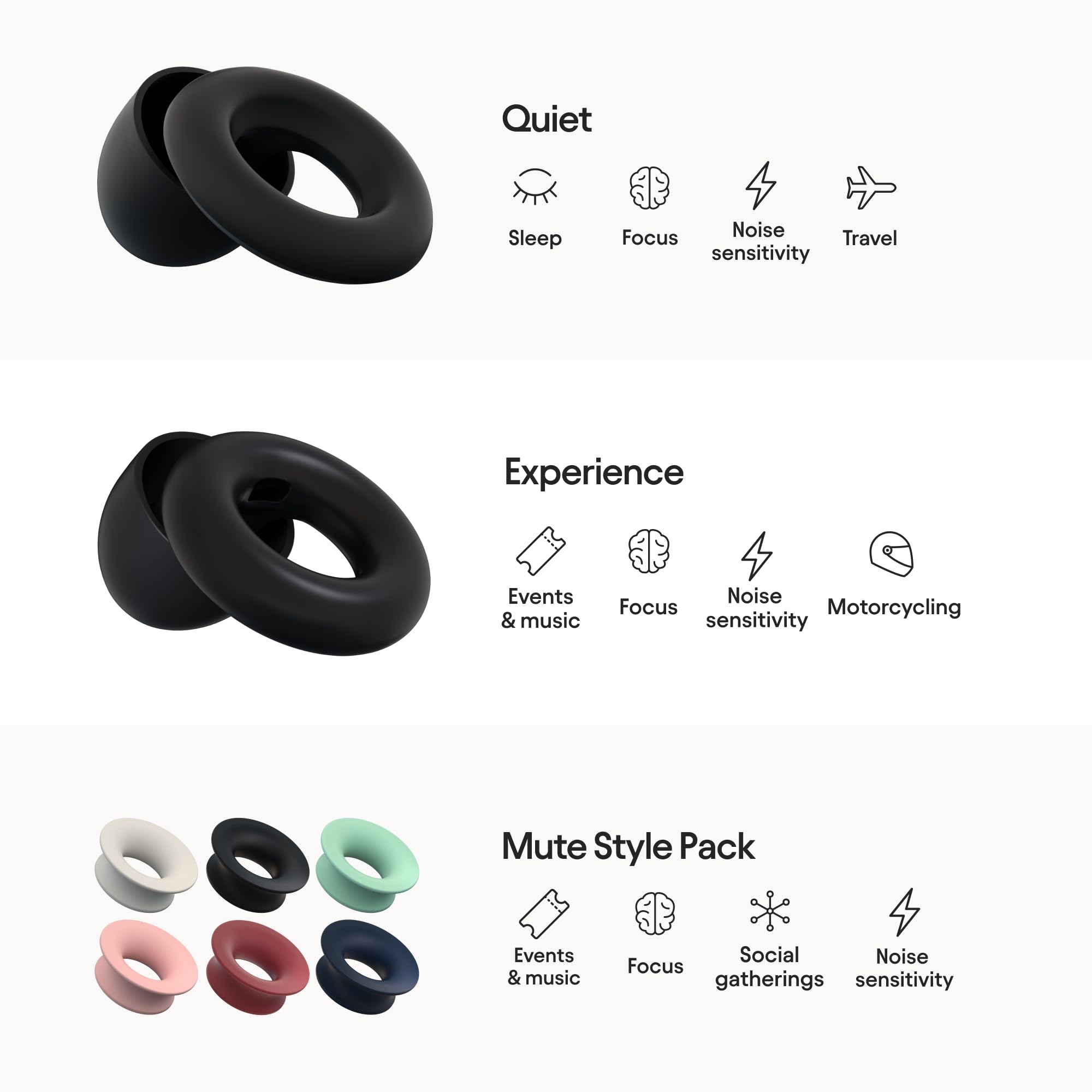 Loop Earplugs Day & Night Mute Bundle (2-Pack) – Loop Quiet + Loop Experience (Black) + Loop Mute | Reusable Ear Plugs for Sleep, Focus, Noise Sensitivity, Concerts & More | 26 dB/18 dB Noise Reductio