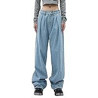 Aeslech Womens Wide Leg Jeans Middle-Waisted Pleated Front Casual Loose Y2K Flared Denim Trousers