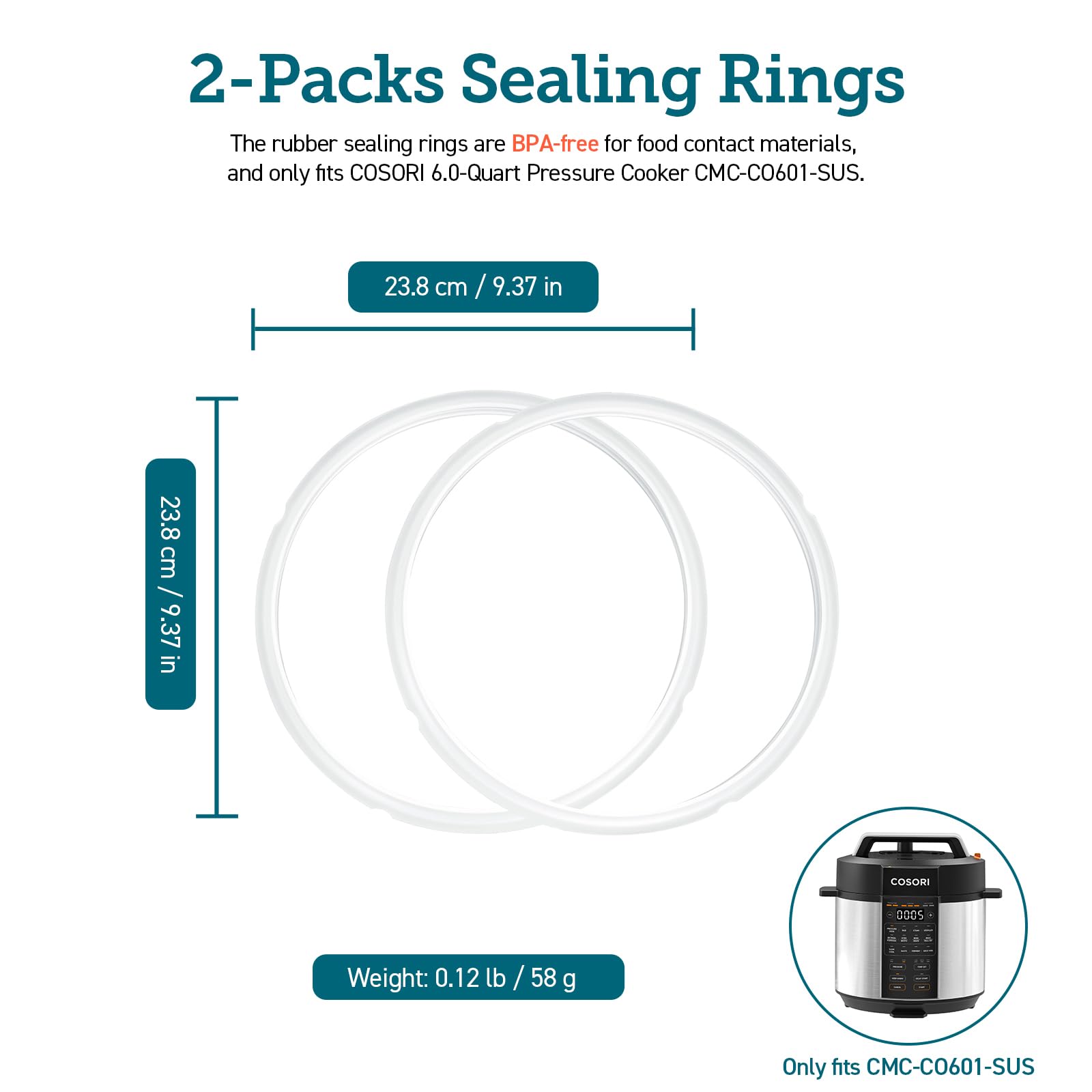 COSORI Ceramic BPA-Free Sealing Ring for 6 Quart Electric Pressure Cooker, 2 Packs, CRP-CO601RS-XUS