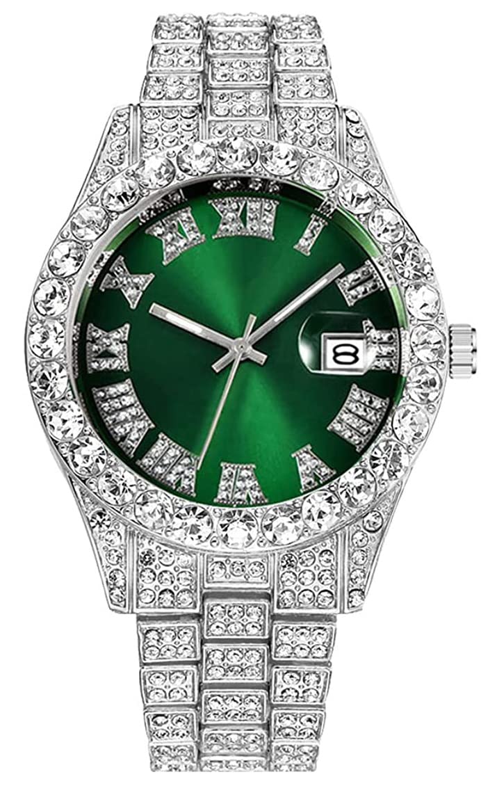 SENRUD Men's Diamond Watch Fashion Crystal Rhinestone Quartz Analog Watch Iced-Out Bracelet Wrist Watch