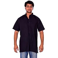 Indian 100% Cotton Men's Kurta Shirt Plus Size Solid Ethnic Print Blue Color
