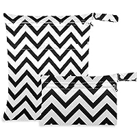 visesunny Black White Wavy Stripe 2Pcs Wet Bag with Zippered Pockets Washable Reusable Roomy Diaper Bag for Travel,Beach,Daycare,Stroller,Diapers,Dirty Gym Clothes,Wet Swimsuits,Toiletries