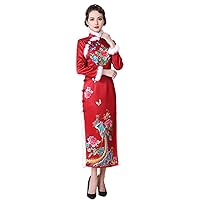 Women Red Silk Peony Phoenix Printed Cheongsam Wedding Party Addition Cotton New Year Qipao 3264