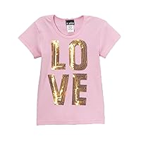 Girls Pink Short Sleeve T Shirt with Gold Love Sequins
