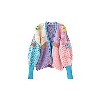 Crochet Colorblock Knitted Cardigan Women's Spring Autumn Macaron Contrast Color Buttonless Sweater Coat Female