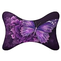 2 Pack Car Neck Pillow Beautiful Purple Butterfly Floral Car Headrest Pillow Memory Foam Car Pillow Breathable Removable Cover Universal Headrest Pillow for Travel Car Seat Driving & Home
