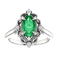 Vintage Inspired Marquise Emerald Engagement Ring 14K White Gold, Victorian 1 CT Natural Emerald Diamond Ring, Antique Green Emerald Ring, May Birthstone Rings