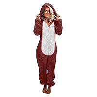 Onesie Pajamas for Women Fuzzy Zipper Hooded Romper Loungewear Plus Size Hooded Jumpsuit One Piece Winter Sleepwear Playsuit