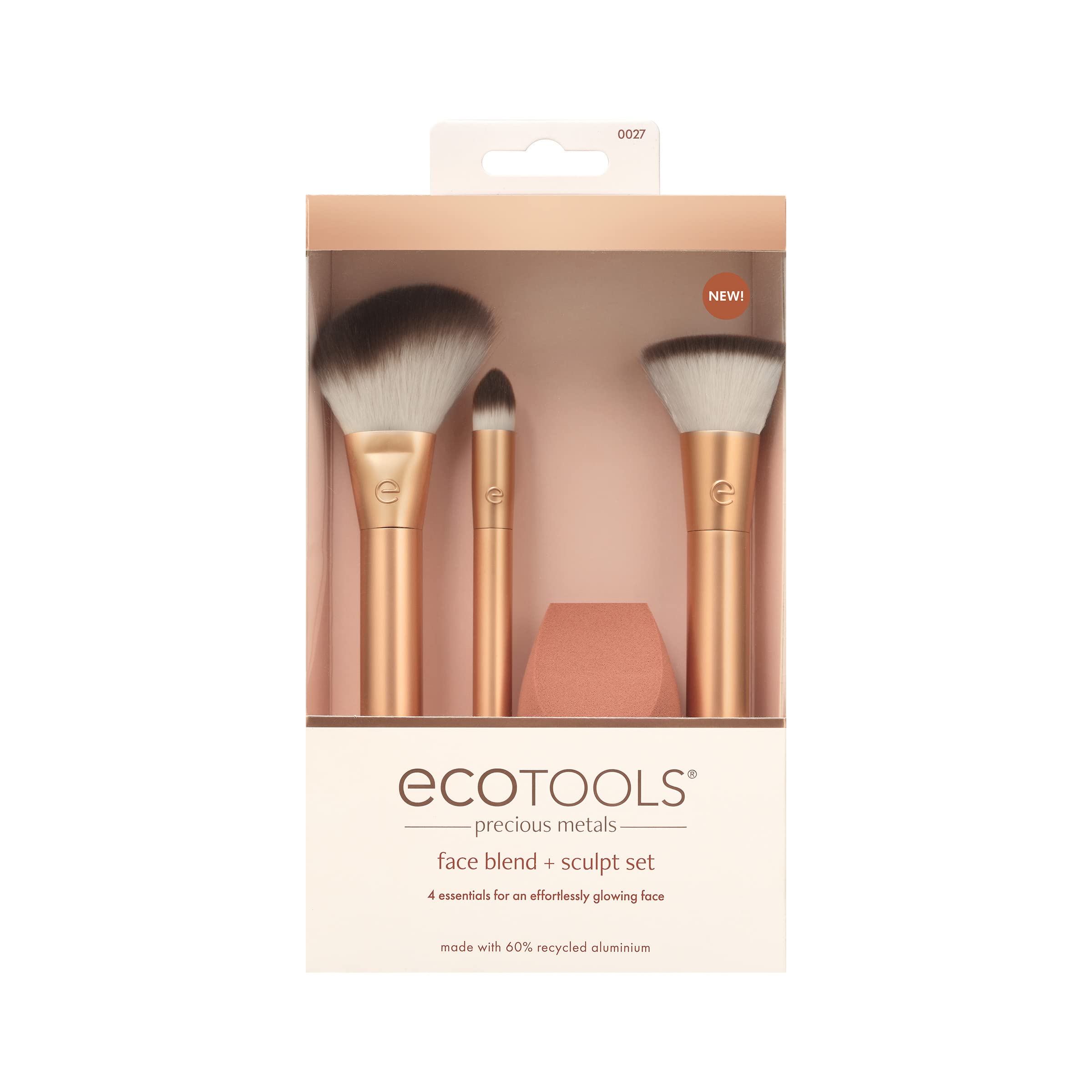 EcoTools Precious Metals Face Blend & Sculpt Set, Makeup Brush Kit, Foundation Brush, Ecofriendly Makeup Brush Kit, Recycled Aluminum, Chrome, Precision, 4 Piece Set