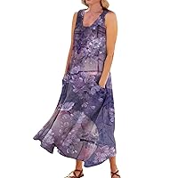 Linen Dress for Women 2024 Summer Casual Tank Dress Printed Sleeveless Maxi Dress Flowy Long Dresses with Pockets