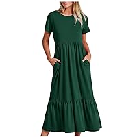 Beach Dresses for Womens Casual Short Sleeve Summer Long Dresses with Pockets Solid Flowy Swing Tiered Maxi Dress Green