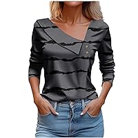 Trendy Striped Tunic Tops for Women Spring Fashion Long Sleeve Shirts Trendy Side V Neck Buttons Blouses Loose Fit Shirts