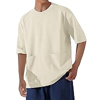 WENKOMG1 Mens Casual T-Shirt Solod Color Baggy Round Neck Tees Loose Fit Basic Pullover Shirts with 2 Front Pockets