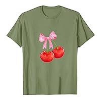 Women Y2K Bow Cherry Print T Shirt Graphic Tees Crewneck Short Sleeve Summer Tops E Girls Aesthetic Clothes Streetwear