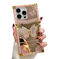 for iPhone 13 Case with Kickstand, Aesthetic Glitter Square Diamond Butterfly Bracket Stand Holder Mirror Girly Women Shockproof Cover for iPhone 13 (Pink, for iPhone 13)