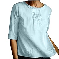 Women's Cotton Linen Round Collar Top Blouses Summer Fashion Tunic Shirts Half Sleeve Casual Loose Tshirts Ladies Clothes