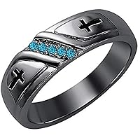 Wedding 5-Stone Men's Cross Ring Round Cut Created Swiss Blue Topaz 14K Black Gold Over .925 Sterling Silver
