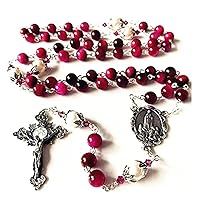 Red Tiger Eye Bead 10mm Real Pearl Rosary Sterling 925 Silver Cross Crucifix Necklace Box Catholic Gift