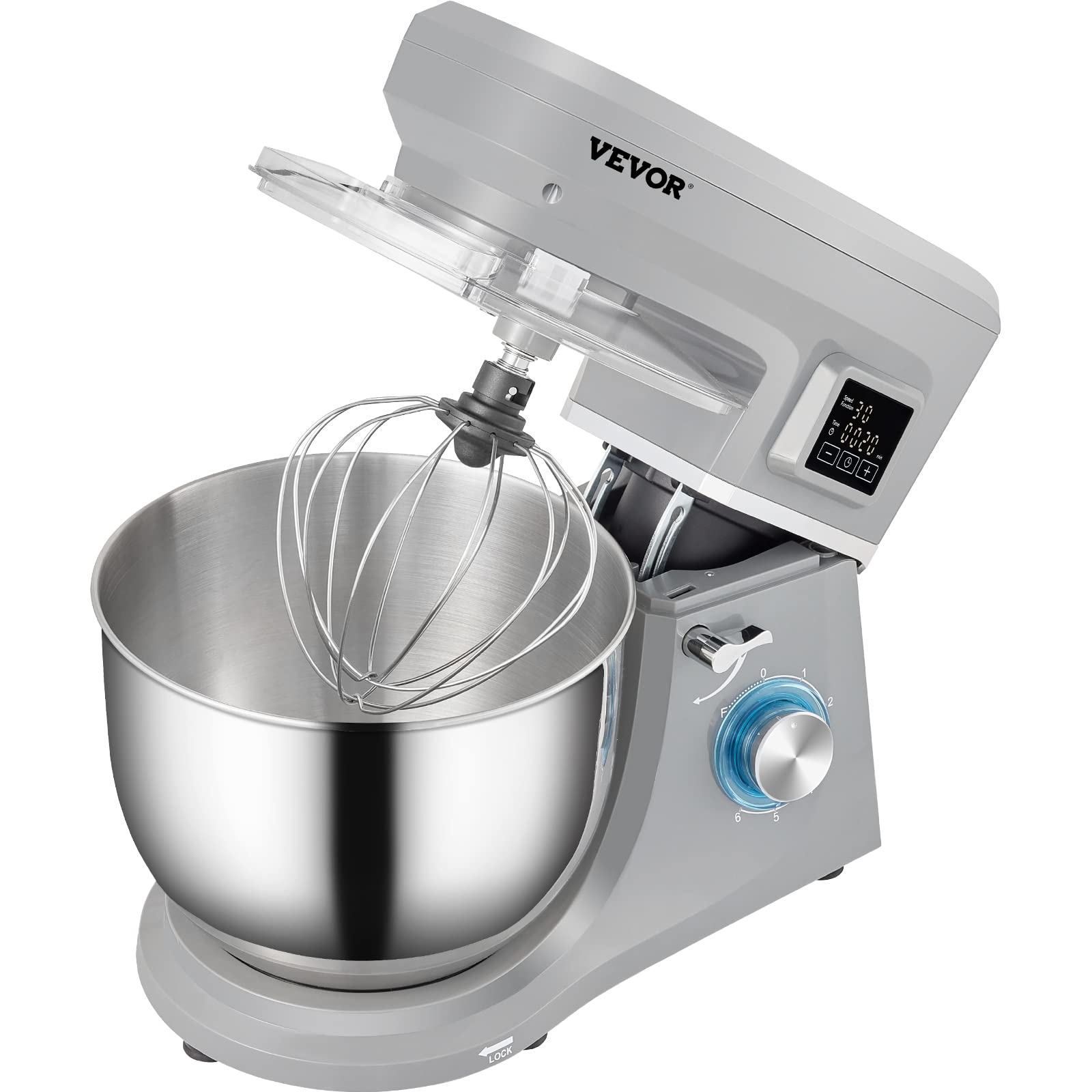 VEVOR Stand Mixer, 660W Electric Dough Mixer with 6 Speeds LCD Screen Timing, Tilt-Head Food Mixer with 7.4 Qt Stainless Steel Bowl, Dough Hook, Flat Beater, Whisk, Scraper, Splash-Proof Cover - Gray