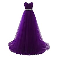 Women's Strapless Prom Dress Tulle Princess Evening Gowns with Rhinestone Beaded Belt