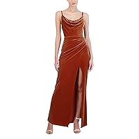 BCBGMAXAZRIA Women's Fit and Flare Long Evening Gown Adjustable Spaghetti Strap Cowl Neck Sequin Trim Corset Dress