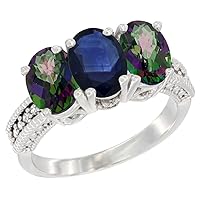 10K White Gold Natural Blue Sapphire & Mystic Topaz Sides Ring 3-Stone Oval 7x5 mm Diamond Accent, Sizes 5-10
