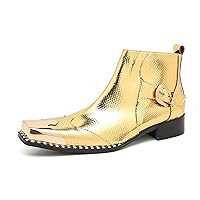 Gold Metal Square Toe Buckles Genuine Leather Chelsea Boot Sparkling Fashion Comfort Dress Chukka Boots For Men