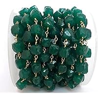 LKBEADS 36 inch long gem green onyx 10mm cube shape faceted cut beads wire wrapped gold plated rosary chain for jewelry making/DIY jewelry crafts #Code - ROS-0474