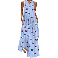 Funny Lipprint Print Maxi Dress Women Sleeveless V Neck Tank Dress Summer Plus Size Long Beach Sundress with Pocket