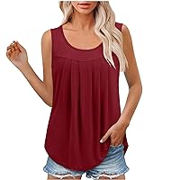 Women Fashion Pleated Crewneck Belly Hide Tank Tops Summer Sleeveless Casual Loose Fit Solid Color Tee Blouses