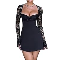 Women 's Elegant Lace Dress Lace Patchwork Long Sleeve Low Cut Mini Dress Backless Tie-up Going Out Dress