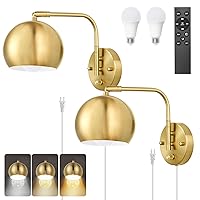 Wall Sconce with Remote Control, Plug in Wall Sconces Dimming 0-100% and Adjustable Color Temperature 2700K-6000K, Brushed Brass Globe Swing Arm Wall Lights with Plug in Cord(2 Pack, 2 Bulbs)