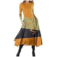 Women's Wedding Guest Dress Fall 2023, Christmas Casual Fashion Crewneck Long Sleeve Printed Vintage Dresses Maxi