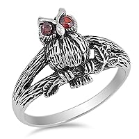 Oxidized Owl Simulated Garnet Eyes Branch Ring New .925 Sterling Silver Band Sizes 5-11