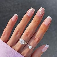 YOSOMK French Tip Press on Nails Short Pink Fake Nails With Flower Design Medium Press On Oval Acrylic Curve False Nails for Women Stick on Nails With Glue