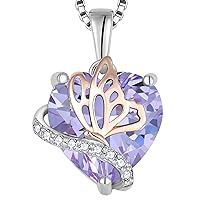 YL Heart Necklace for Women 925 Sterling Silver cut 12 Birthstone Cubic Zirconia Butterfly Pendant Neckalce Jewellery Gifts for Her Wife Girlfriend