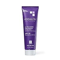 Andalou Naturals Age Defying Face Sunscreen, SPF 30 Zinc Oxide Mineral Sunscreen, Ultra Sheer Daily Defense Face Lotion, Helps Hydrate Skin, Gentle, Lightweight & Reef Safe - 2.7 Fl. Oz.